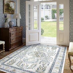 Beeiva Vintage Bedroom Rug 8x10 Under Bed, Machine Washable Area Rug Non Slip Boho Rugs, Low Pile Lightweight Floral Print Carpet for Living Room Dining Room Office Home Decor (Brown,8'x10')