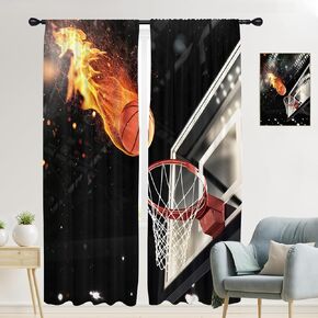 Basketball Fire Curtains Boys Kids Sports Flame Black Orange Cool Ball Gamer Men Abstract Dark Decor 42W x 84L Inch Rod Pocket Curtain for Bedroom Living Room Window Drapes Treatment Fabric 2 Panels
