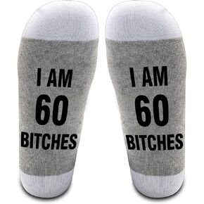 LissiArt97 I Am 60 Bitches Socks - Funny 60Th Birthday Socks - Turning 60 Socks - Birthday Gifts For Friend- Mom- Aunt - Birthday Gift Idea, Medium, Grey
