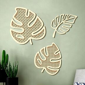 Zzbakress 3 Pieces Wooden Monstera Leaf Wall Decor Boho Wall Decor Palm Tree Decor Rattan Wall Decor Tropical Wall Art Boho Bathroom Wall Decor Plant Wall Art Wood Wall Decor (Wood)