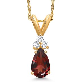 Gem Stone King 14K Yellow Gold 7X5MM Pear Shape Red Garnet and 3 Round Lab Grown Diamond Pendant Necklace | 0.85 Cttw | Gemstone Birthstone | Gold Necklace for Women | With 18 Inch Chain