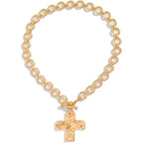 ZMANYIJEW Big Cross Necklace Chunky Statement Gold Cross Pendant Necklace Bold Hammered Cross Necklace Thick OT Buckle Chain Chunky Gold Statement Cross Pendant Necklace