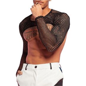 WDIRARA Men's Fishnet Sheer Mesh Long Sleeve T-Shirt Crop Top Slim Fit Party Tee Tops
