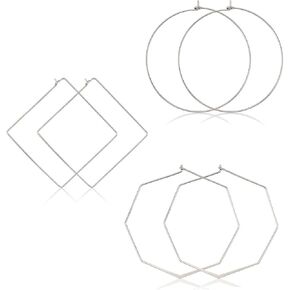 Geometric Hoop Earrings For Women Lightweight Thin Wire Thread Octagon Square Hoop Earrings Fashion Minimalist Jewelry For Women (Silver Square Circle Octagon)