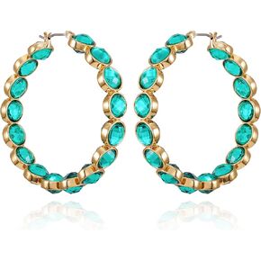 GUESS Goldtone Light Emerald Crystal Glass Stone Hoop Earrings