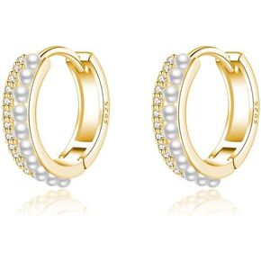 SLUYNZ 925 Sterling Silver Small Pearls Huggie Earrings for Women Teens CZ Pearls Hoop Earrings Wedding Bridal Pearls Earrings