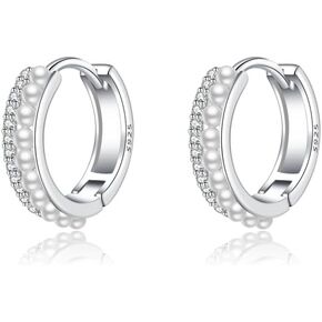 SLUYNZ 925 Sterling Silver Small Pearls Huggie Earrings for Women Teens CZ Pearls Hoop Earrings Wedding Bridal Pearls Earrings