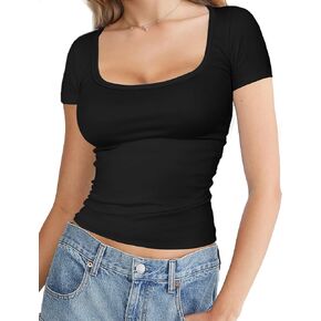 YOGINGO Womens Basic Square Neck Short Sleeve T Shirt Slim Fit Tee 2024 Summer Y2k Going Out Crop Tops Tight Sexy Shirts