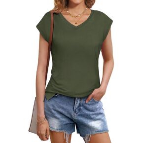 SMENG Shirts for Women Pure Cotton Cap Sleeve V Neck Split Hem T Shirts Basic Tee Tops