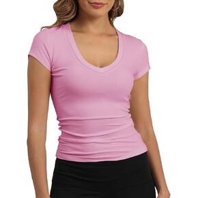 GEMBERA Womens' Stretchy V Neck Short Sleeve Gym Workout Form Fitted Casual Basic Top T-Shirt