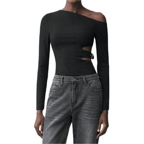 MakeMeChic Women's Asymmetrical Neck Hollow Out Long Sleeve Rib Knitted Tee Shirt Tops