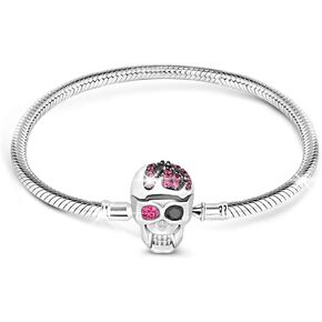 GNOCE "Elegant Skull" Skull Bracelet With Eye-Catching Black And Fuchsia Crystals Handcrafted Sterling Silver With An Elegant Bangle Fit All Major Brands Of Charms Bracelets (22.0 Centimeters（8.7in）)