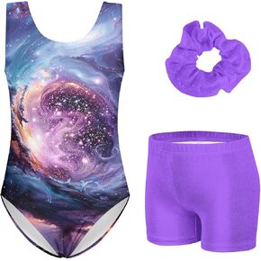 3 Piece Leotard for Little Girls Gymnastics with Purple Boy Shorts for 4t 5t Kid Girls' Sparkle Diamond Black 3D Print Butter-fly Athletic Outfits with Hair Scrunchie for Girl Sporting.Size 4 5