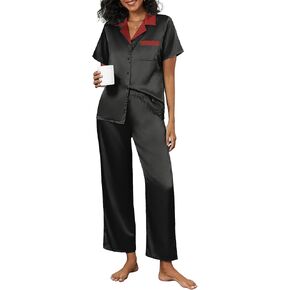 Ekouaer Satin Pajamas Set for Women Silk Button Down Sleepwear Short Sleeve Loungewear 2 Pieces Nightwear