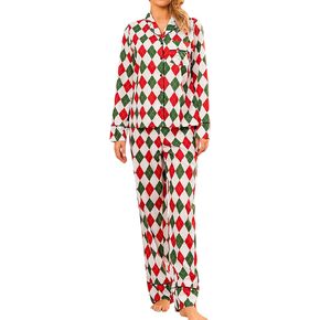 Women Silk Christmas Pajamas Cute Santa Claus Pajamas Long Sleeve Shirts and Pants 2 Piece Lounge Sleepwear