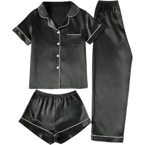 MakeMeChic Women's 3 Piece Satin Pajama Set Short Sleeve Button Down Shirt Shorts Pants Sleep Loungewear