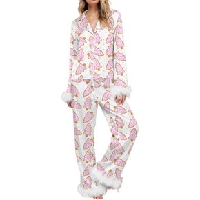Women Feather Trim Silk Satin Pajama Set Christmas Button Down Shirts and Pants Outfit Sleepwear Loungewear
