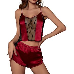 LANMAIGUO Women's Silk Satin Summer Pajama Sets,Sexy Lace Camisole Pajamas Set,Cami and Shorts Pjs Two Piece