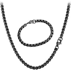 555Jewelry 5mm Black Stainless Steel Box Chain Bracelet for Men & Women, 7.5 Inch and 5mm Black Stainless Steel Box Chain Necklace for Men & Women, 24 Inch