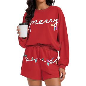 DOLITAEN Merry Pajamas Sets Women Christmas Two-Piece Nightwear Xmas Lights Sleepwear Soft Pjs Shorts Sets