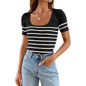ZESICA Striped Tops for Women Summer Square Neck Tops Basic Tee Shirts Fashion 2025 Trendy Clothes