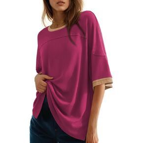 Dokotoo Summer Tops for Women 2025 Loose Oversized T Shirts Crewneck Color Block Side Slits Basic Tee Blouses