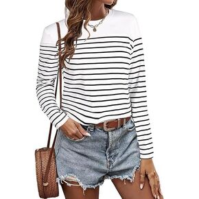 LilyCoco Women's Striped Long Sleeve Shirt Color Block Crewneck Cotton Loose Fit T Shirt