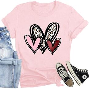 Women Valentine's Day Shirts Plaid Leopard Love Heart Printed T-Shirts Valentines Day Present for Her