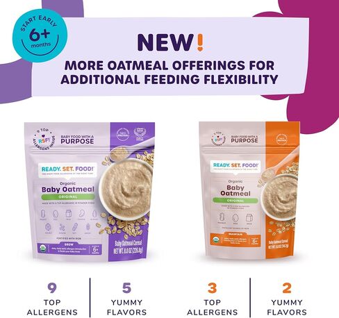 Ready. Set. Food! Organic Baby Oatmeal Cereal | Original, Peanut Butter & Daniel Tiger PB Strawberry Variety Pack | Organic Baby Food with Top Allergens: Peanut, Egg, Milk, Cashew, Almond, Walnut, Sesame, Soy & Wheat | Unsweetened, Iron Fortified in Saudi Arabia