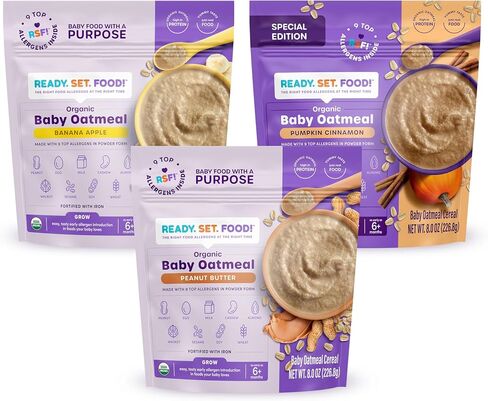 Ready. Set. Food! Organic Baby Oatmeal Cereal | Original, Peanut Butter & Daniel Tiger PB Strawberry Variety Pack | Organic Baby Food with Top Allergens: Peanut, Egg, Milk, Cashew, Almond, Walnut, Sesame, Soy & Wheat | Unsweetened, Iron Fortified in Saudi Arabia