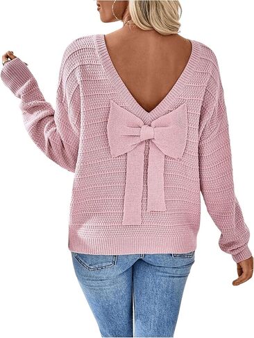 GORGLITTER Women's Bow Open Back Sweater Long Sleeve Knit Coquette Fall Pullover Tops in Saudi Arabia