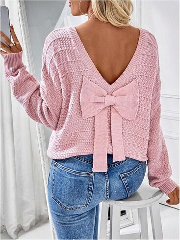 GORGLITTER Women's Bow Open Back Sweater Long Sleeve Knit Coquette Fall Pullover Tops in Saudi Arabia