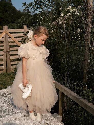 TSUKISHIRO Floral Rose Flower Girls Dress, Toddler Tutu Dress, Tulle, Short Sleeve, for Wedding, Special Occasion Dresses in Saudi Arabia
