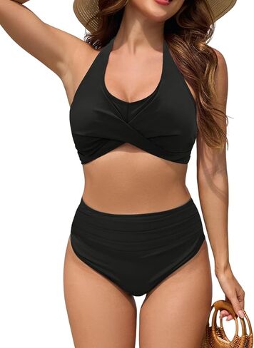 ZAFUL Womens Two Piece Swimsuit Push Up High Waisted Bikini Sets Halter V Neck Modest Bathing Suits Ruched Swimwear in Kuwait
