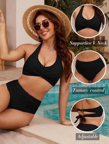 ZAFUL Womens Two Piece Swimsuit Push Up High Waisted Bikini Sets Halter V Neck Modest Bathing Suits Ruched Swimwear in Kuwait
