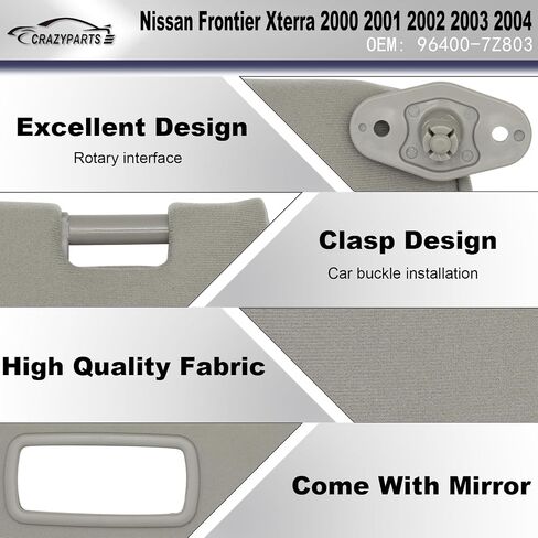 Left Driver Side Sun Visor Compatible with Nissan Frontier Xterra 2000-2004 Sun Shade Replacement 96401-7Z803 Color: Gray in Saudi Arabia