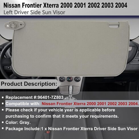 Left Driver Side Sun Visor Compatible with Nissan Frontier Xterra 2000-2004 Sun Shade Replacement 96401-7Z803 Color: Gray in Saudi Arabia
