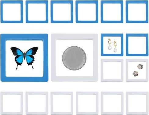حامل عرض إطار عائم ثلاثي الأبعاد من PATIKIL، 18 حزمة مقاس 2.8 × 2.8 بوصة حامل عرض عملة تحدي شفاف من البولي إيثيلين صندوق تخزين المجوهرات العائمة، أزرق وأبيض in Saudi Arabia