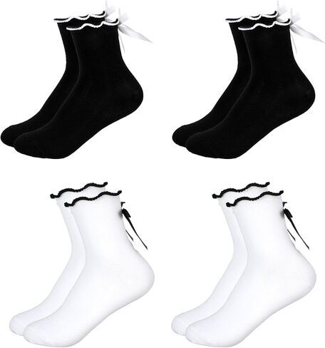 4 Pairs Bow Socks Women, Ruffle Casual Crew Socks Frilly Socks with Bows White Ruffle Ankle Socks Breathable Cotton Cute Socks in Saudi Arabia