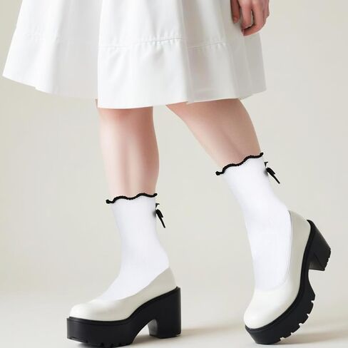 4 Pairs Bow Socks Women, Ruffle Casual Crew Socks Frilly Socks with Bows White Ruffle Ankle Socks Breathable Cotton Cute Socks in Saudi Arabia