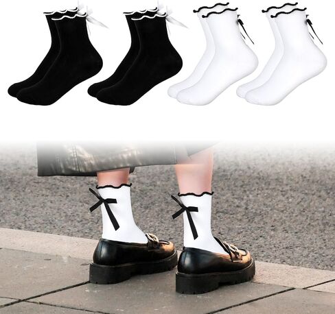 4 Pairs Bow Socks Women, Ruffle Casual Crew Socks Frilly Socks with Bows White Ruffle Ankle Socks Breathable Cotton Cute Socks in Saudi Arabia