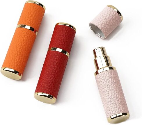 زجاجة عطر محمولة من LUEXBOX مكونة من 3 عبوات للسفر، موزع عطر صغير قابل لإعادة الملء، 5 مل من الجلد الصناعي المقاوم للتسرب، زجاجات بخاخ لعطور الجيب (أحمر، وردي، برتقالي) in Kuwait