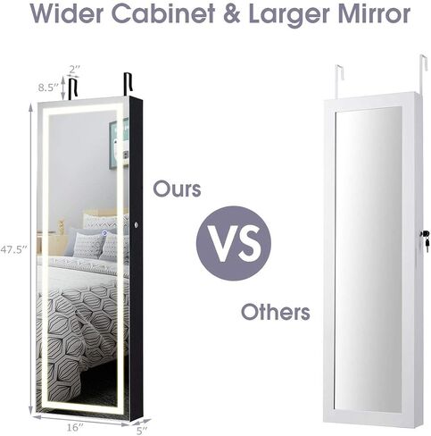 AUGESTER Jewelry Cabinet w/Full Length Mirror, 47.5'' Wall/Door Mounted Jewelry Armoire w/LED Touch Screen Mirror, Large Storage, Lockable Jewelry Organizer Armoire (White) in Saudi Arabia