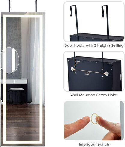AUGESTER Jewelry Cabinet w/Full Length Mirror, 47.5'' Wall/Door Mounted Jewelry Armoire w/LED Touch Screen Mirror, Large Storage, Lockable Jewelry Organizer Armoire (White) in Saudi Arabia