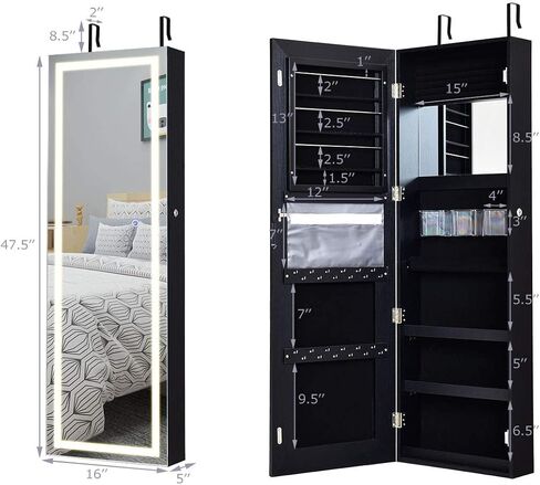 AUGESTER Jewelry Cabinet w/Full Length Mirror, 47.5'' Wall/Door Mounted Jewelry Armoire w/LED Touch Screen Mirror, Large Storage, Lockable Jewelry Organizer Armoire (White) in Saudi Arabia