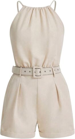MakeMeChic Women's Halter Sleeveless Romper Belted Summer Shorts Jumpsuit with Pocket in Saudi Arabia