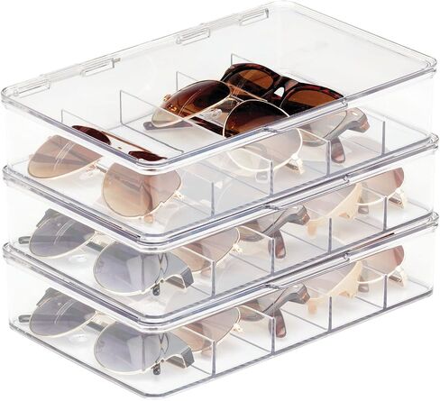 mDesign Plastic Stackable Eyeglass Case Storage Organizer with Hinged Lid for Unisex Sunglasses, Reading Glasses, Fashion Eye Wear, Protective Glasses, 5 Sections, Ligne Collection - 3 Pack - Clear in Saudi Arabia