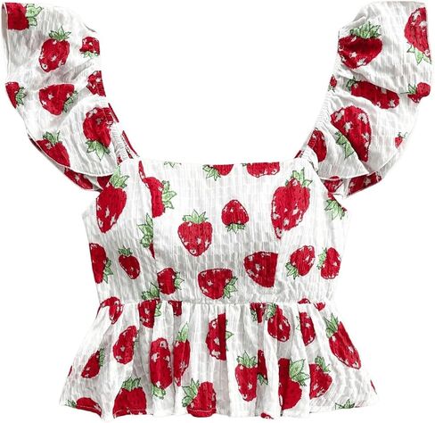 MakeMeChic Women's Graphic Print Cap Sleeve Blouse Square Neck Tie Back Shirred Crop Tops in Saudi Arabia