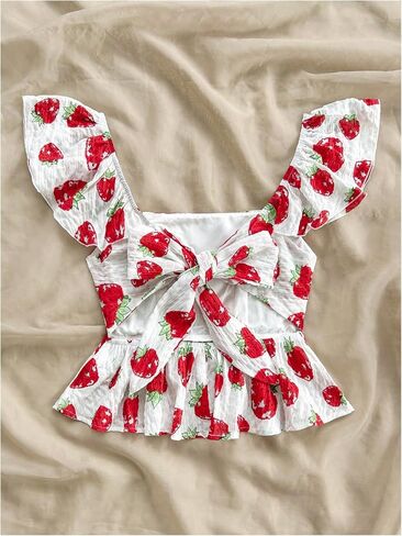 MakeMeChic Women's Graphic Print Cap Sleeve Blouse Square Neck Tie Back Shirred Crop Tops in Saudi Arabia