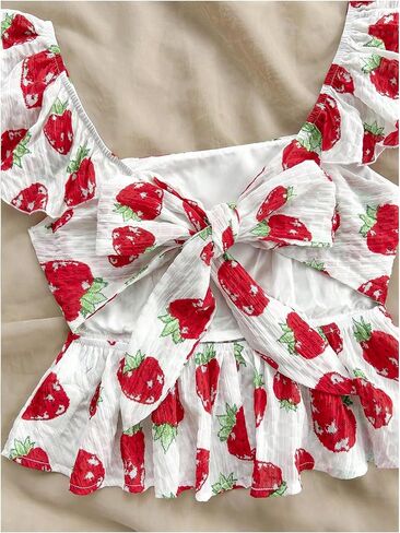 MakeMeChic Women's Graphic Print Cap Sleeve Blouse Square Neck Tie Back Shirred Crop Tops in Saudi Arabia
